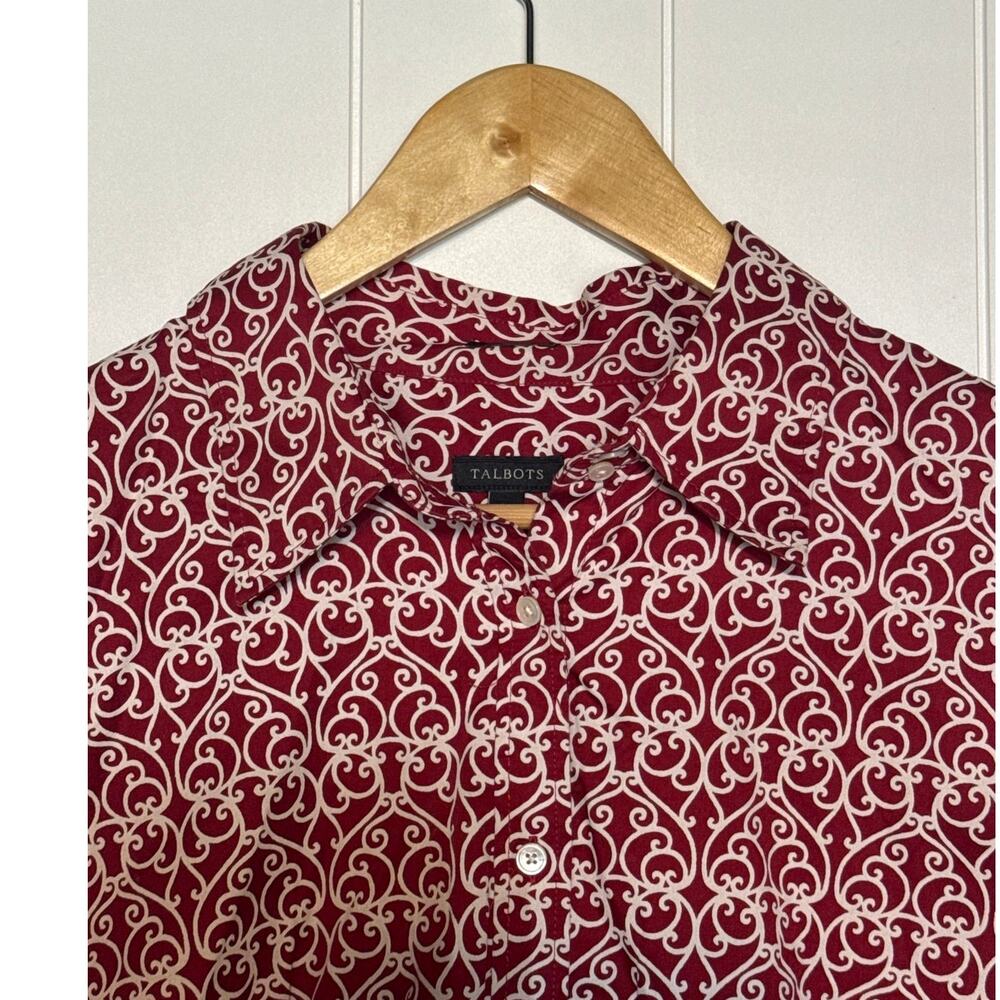Talbots Red White Filigree Scroll Print Stretch Cotton Button Up Shirt Size 14